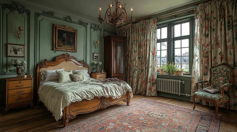 古典木床与花卉窗帘