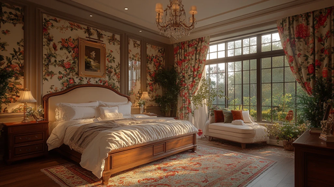 古典木床与花卉窗帘