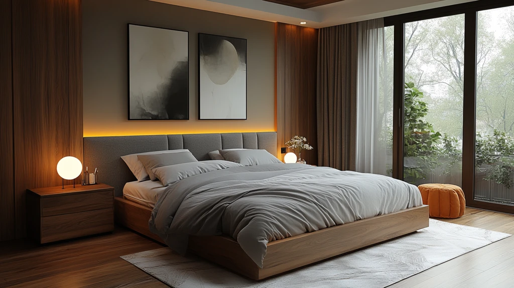 灰色床与木质床头柜