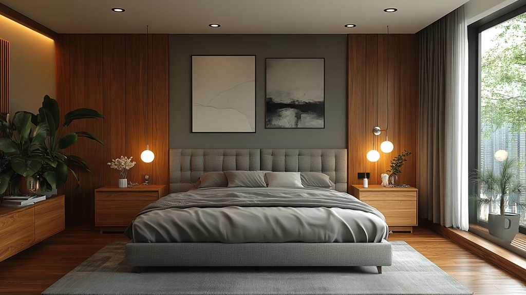 灰色床与木质床头柜