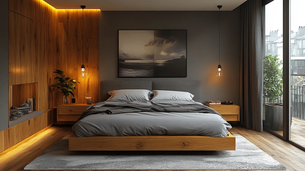 灰色床与木质床头柜