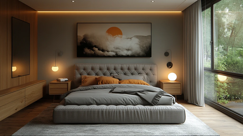 灰色床与木质床头柜