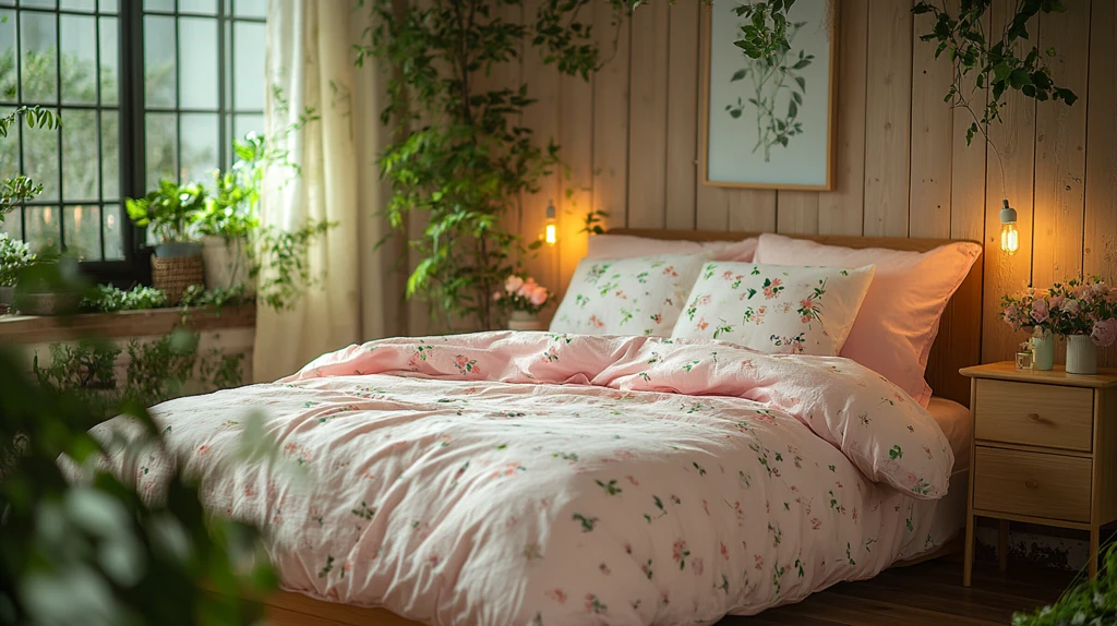 粉色床铺木质床头柜