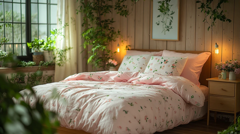 粉色床铺木质床头柜