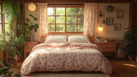 粉色床铺木质床头柜