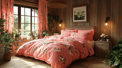 粉色床铺木质床头柜