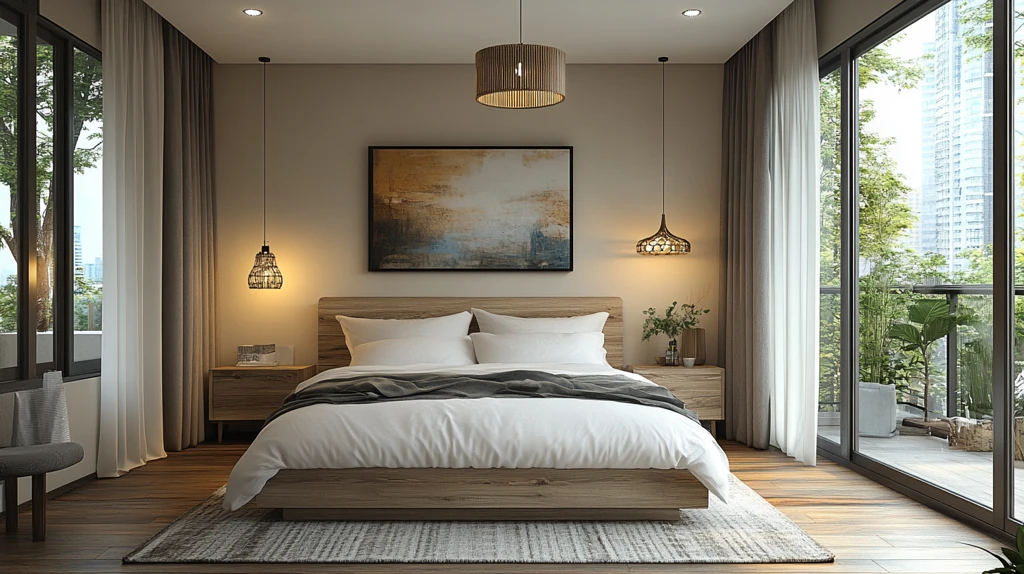 白色床与木质床头柜