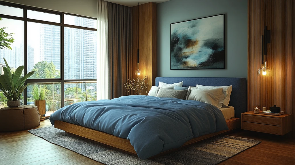 蓝色木床卧室