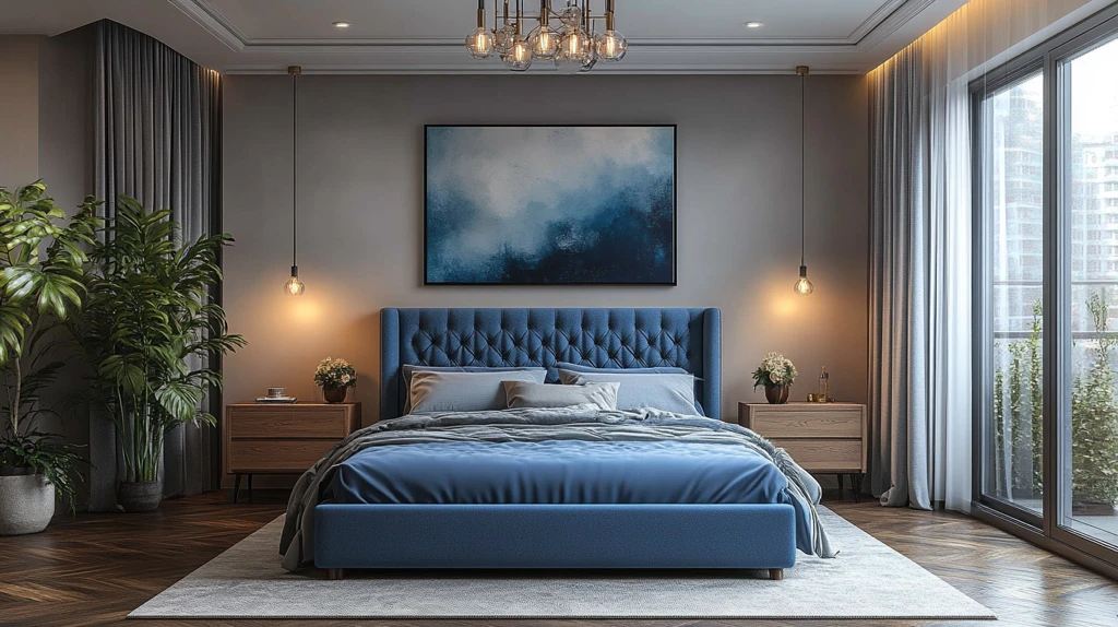 蓝色木床卧室