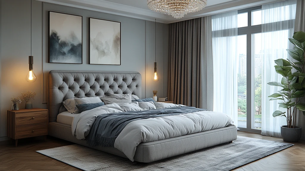 灰床木桌简约卧室