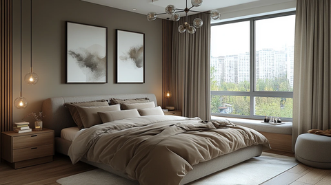 灰床木桌简约卧室