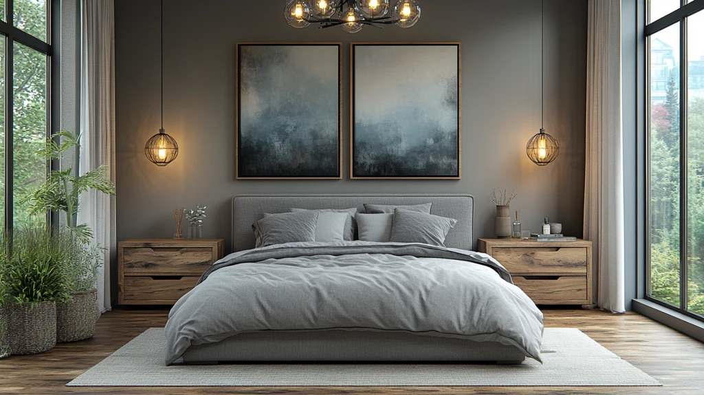 灰床木桌简约卧室