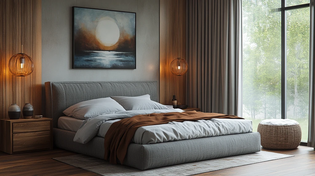 灰床木桌简约卧室