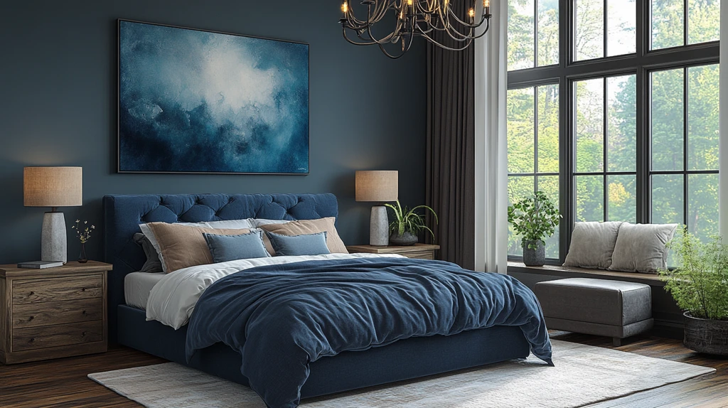 蓝色床铺木质床头