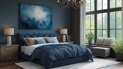 蓝色床铺木质床头