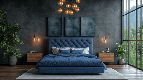 蓝色床铺木质床头