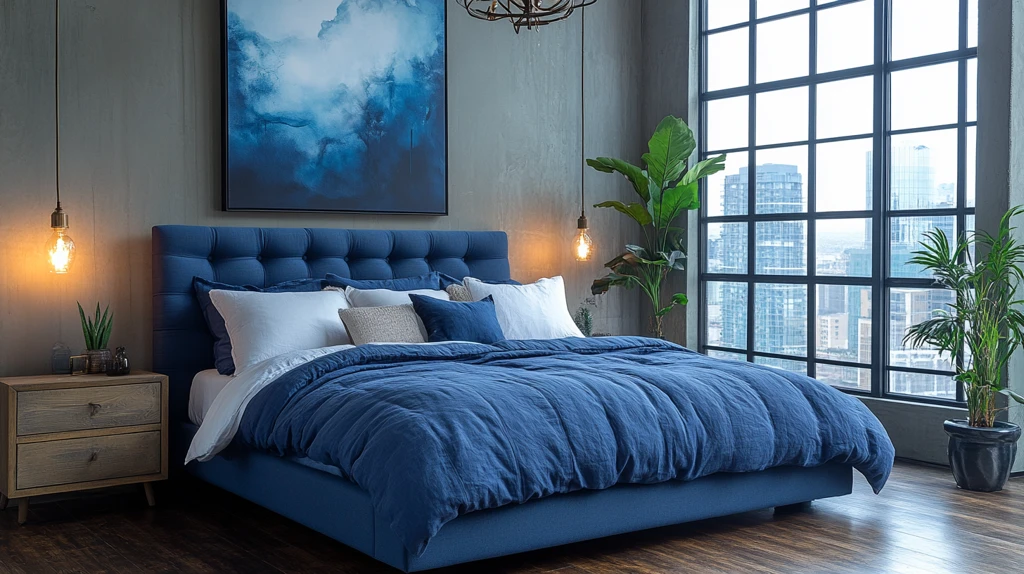 蓝色床铺木质床头