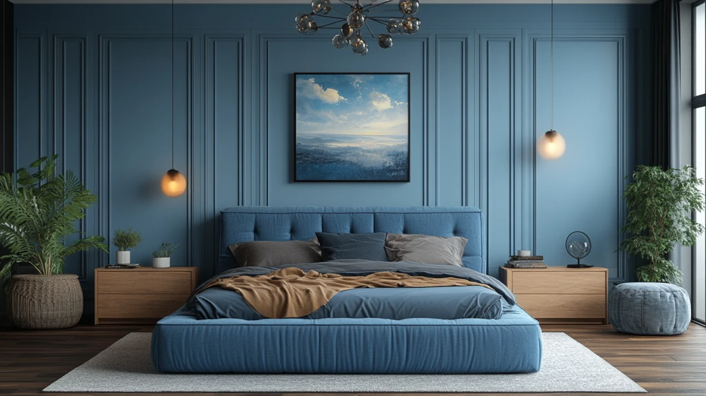 蓝色床铺木质床头