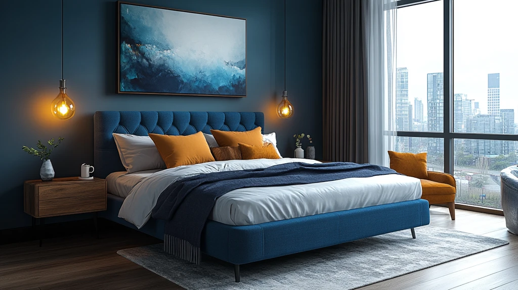 蓝色床铺木质床头