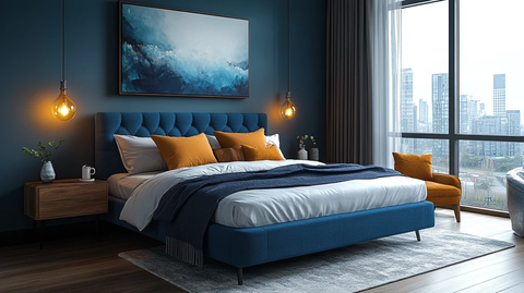 蓝色床铺木质床头