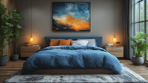 蓝色床铺木质床头