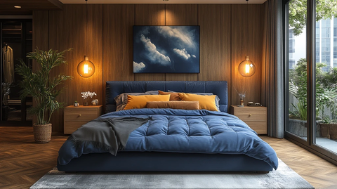 蓝色床铺木质床头