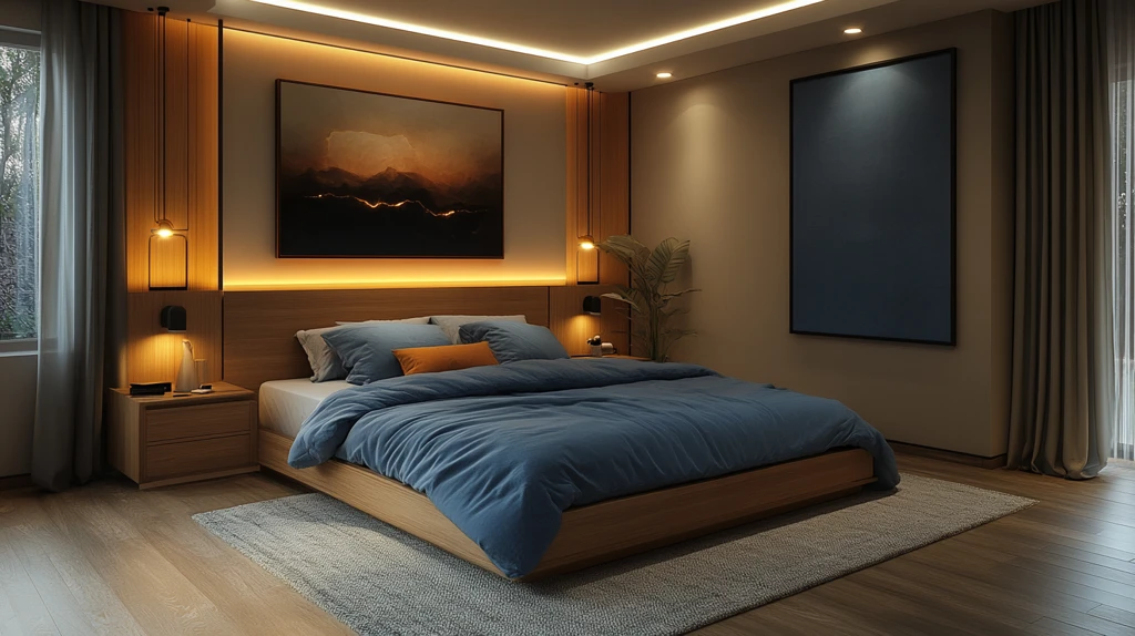 蓝色床铺木质桌椅