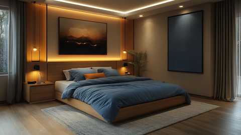 蓝色床铺木质桌椅