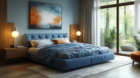 蓝色床铺木质桌椅