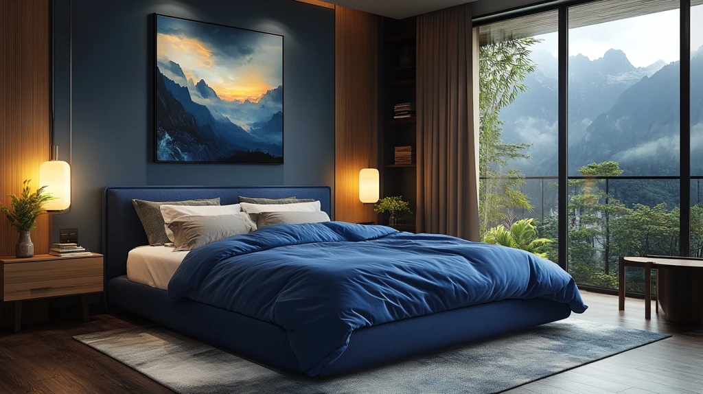 蓝色床铺木质桌椅