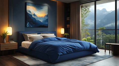 蓝色床铺木质桌椅