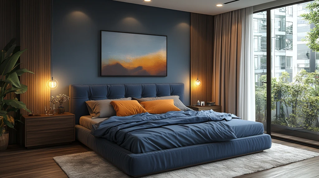 蓝色床铺木质桌椅