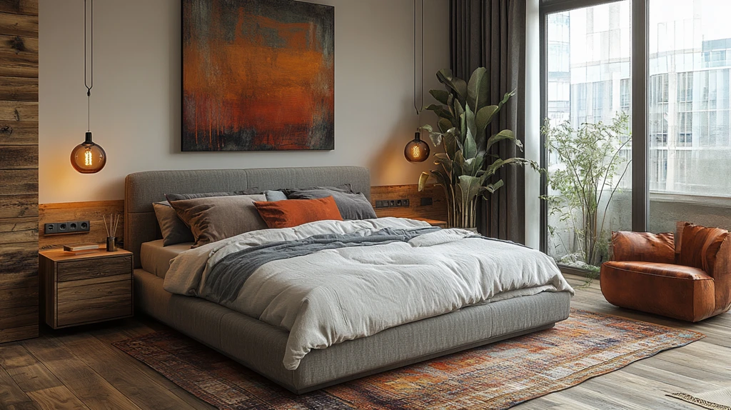 灰色床木质床头柜