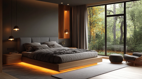 灰色床铺木质床头