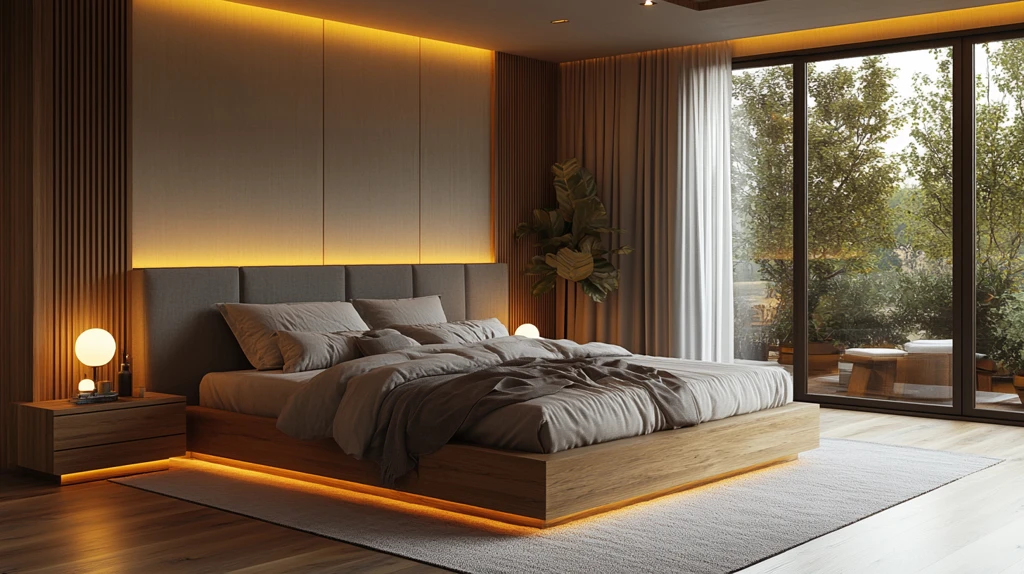 灰色床铺木质床头