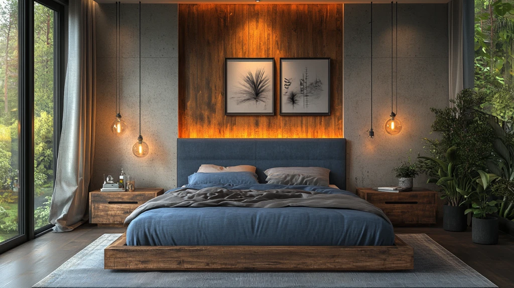 蓝色床铺木质床头柜