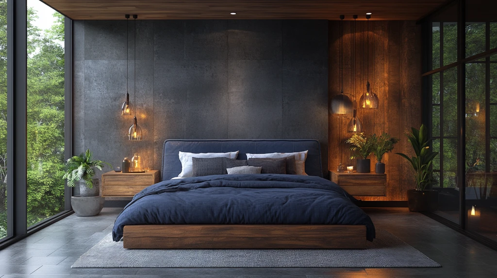 蓝色床铺木质床头柜