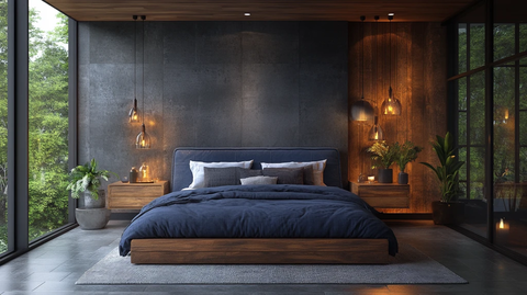 蓝色床铺木质床头柜