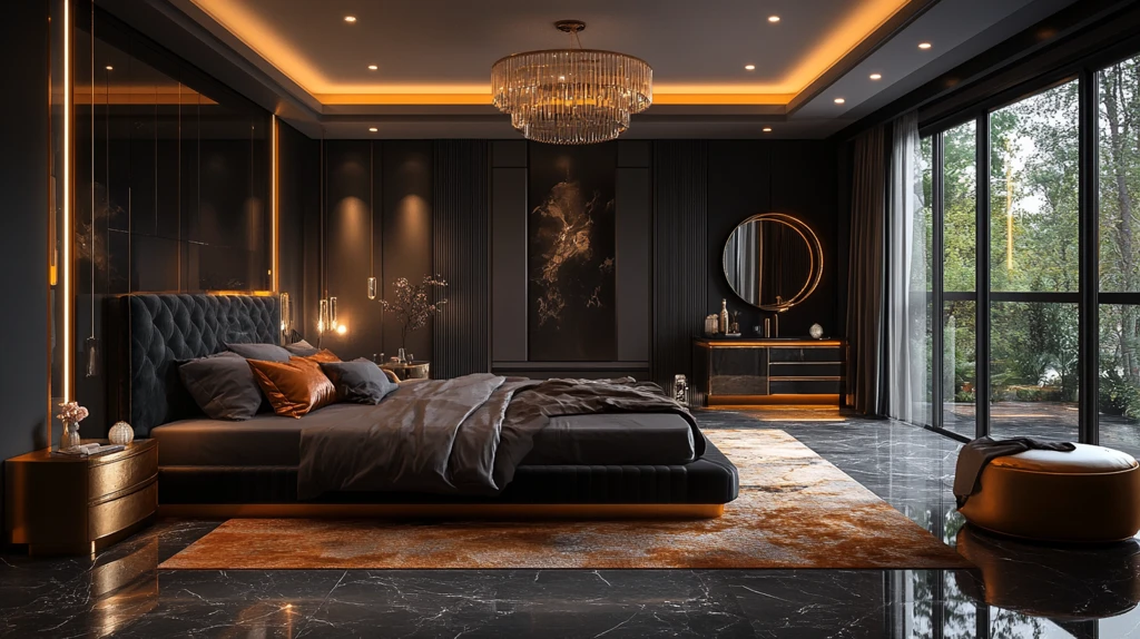 黑色床铺金色床头柜