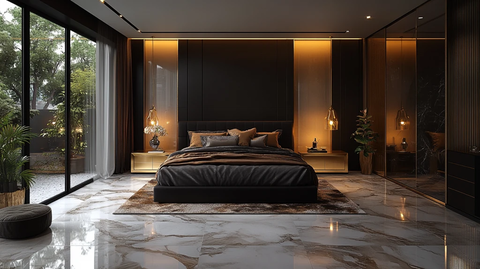 黑色床铺金色床头柜