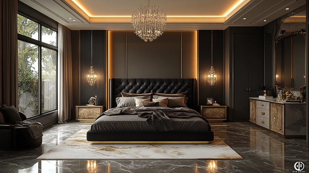 黑色床铺金色床头柜