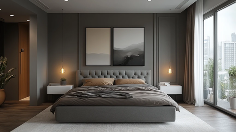 灰色床与白色床头柜