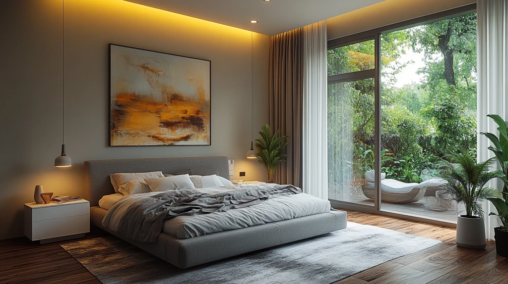 灰色床与白色床头柜