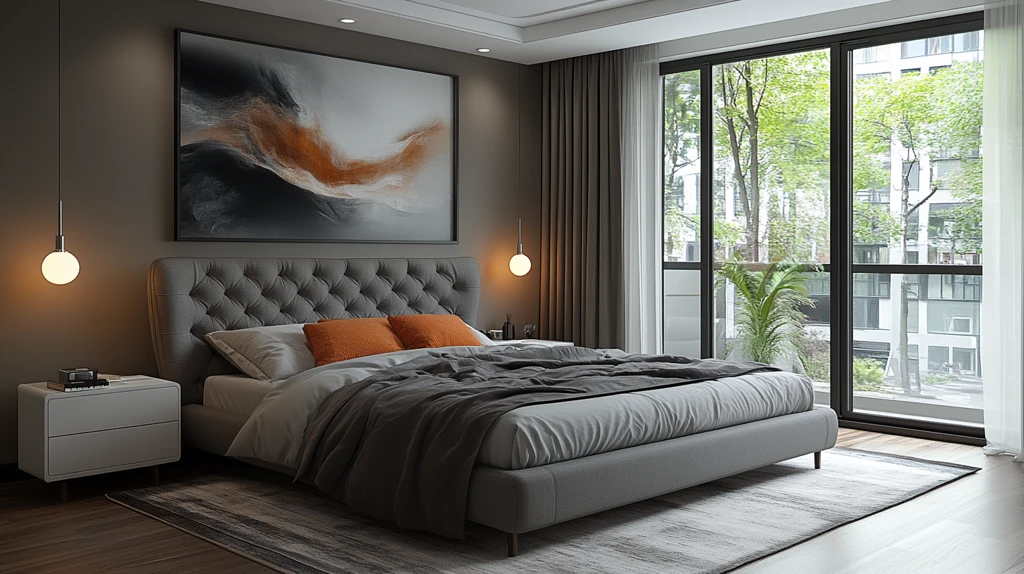 灰色床与白色床头柜