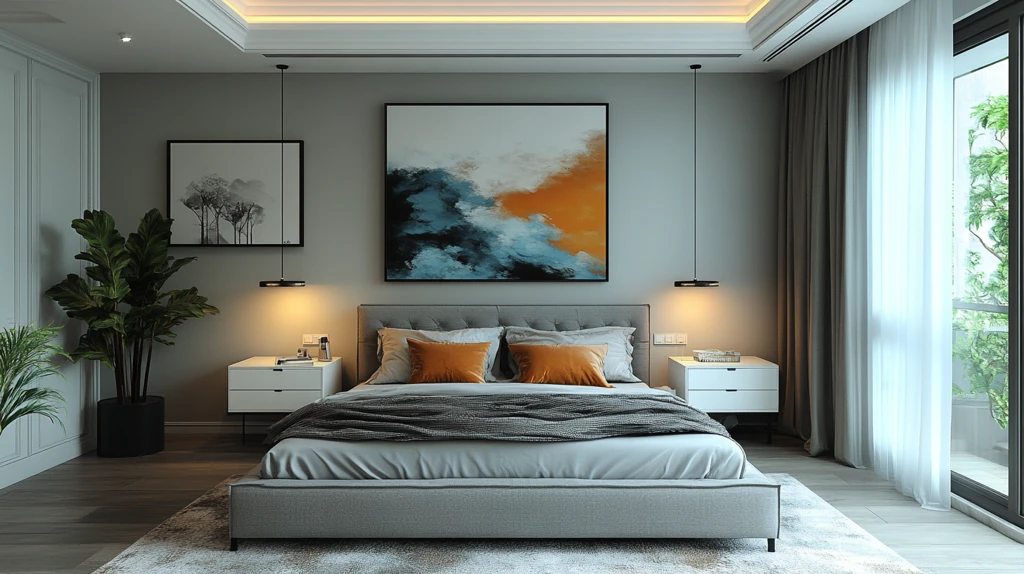 灰色床与白色床头柜