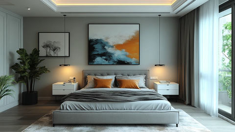 灰色床与白色床头柜