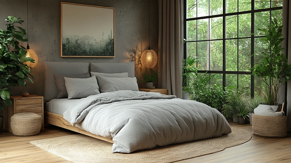 灰色木床简约卧室