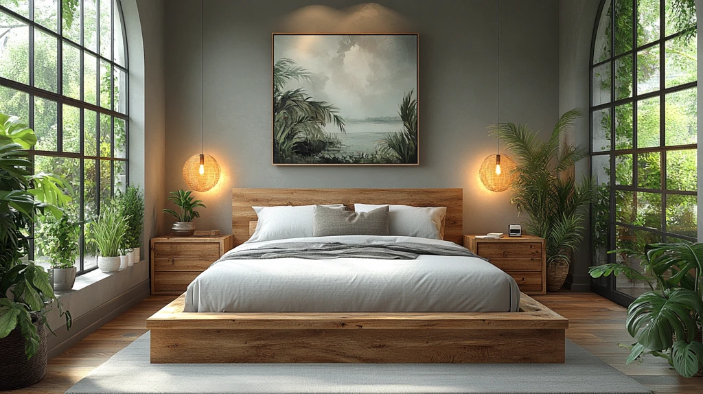 灰色木床简约卧室