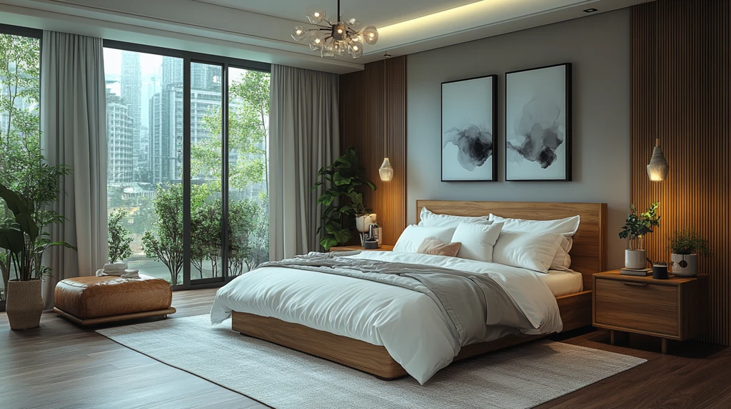 白色床木桌简约灯