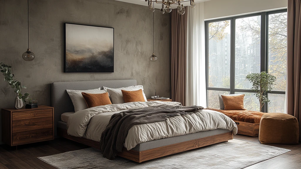 灰色床木质床头柜